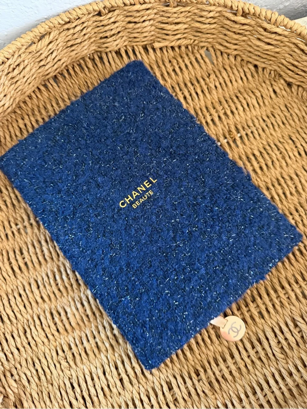 CHANEL Blue Textured Tweed Notebook with Gold Logo